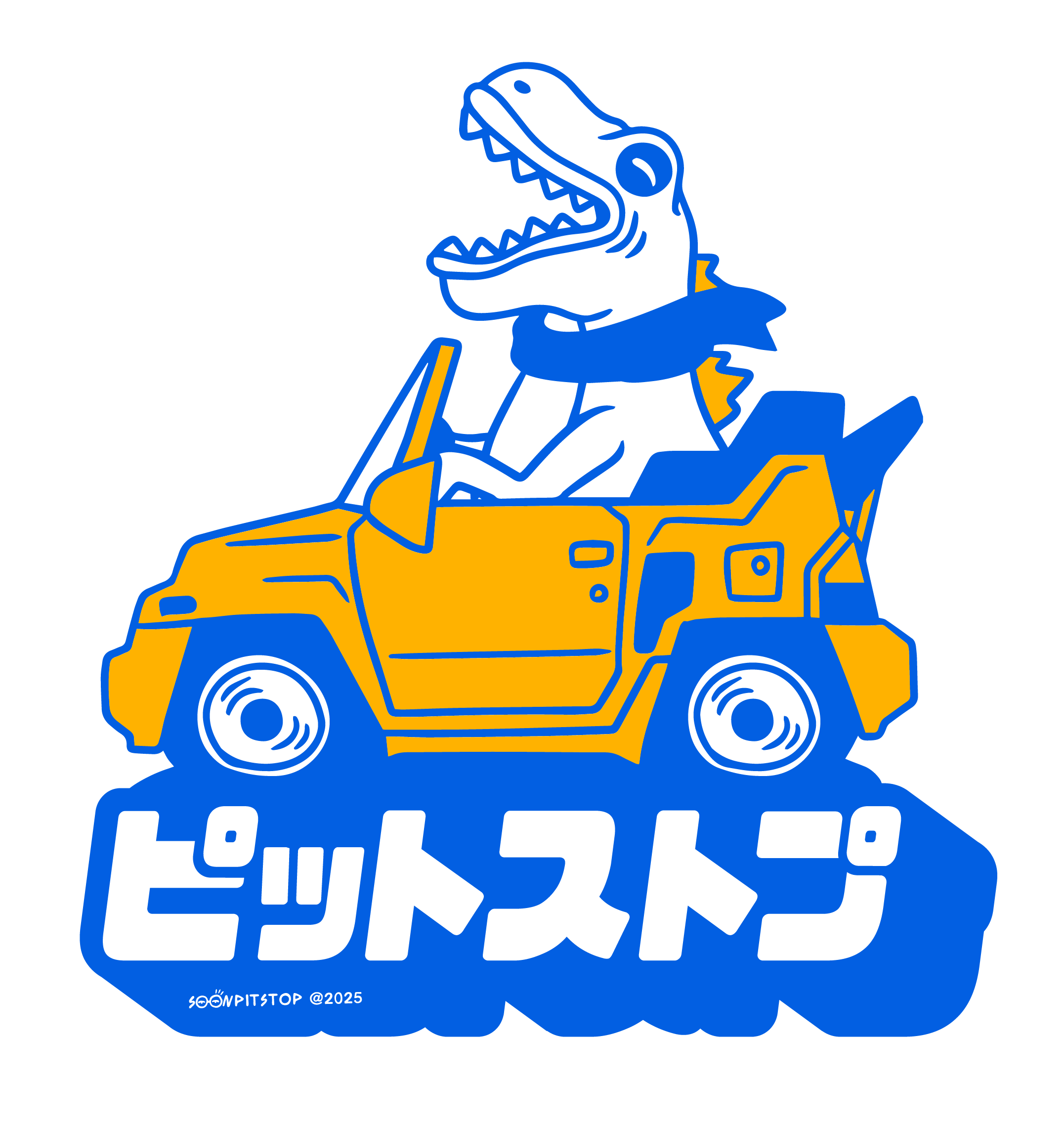Maskot dino Soon Pit Stop mengendarai jeep dengan logo Pit Stop